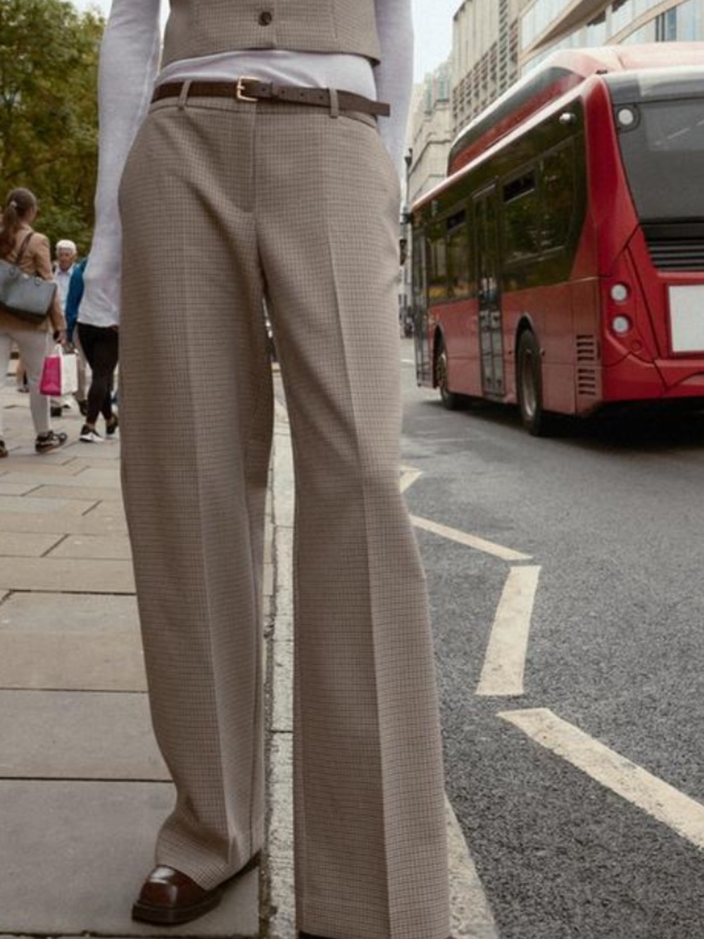 Zara NWT Checkered Plaid Wide Leg Belted Pants Medium Brown Office 8372/510